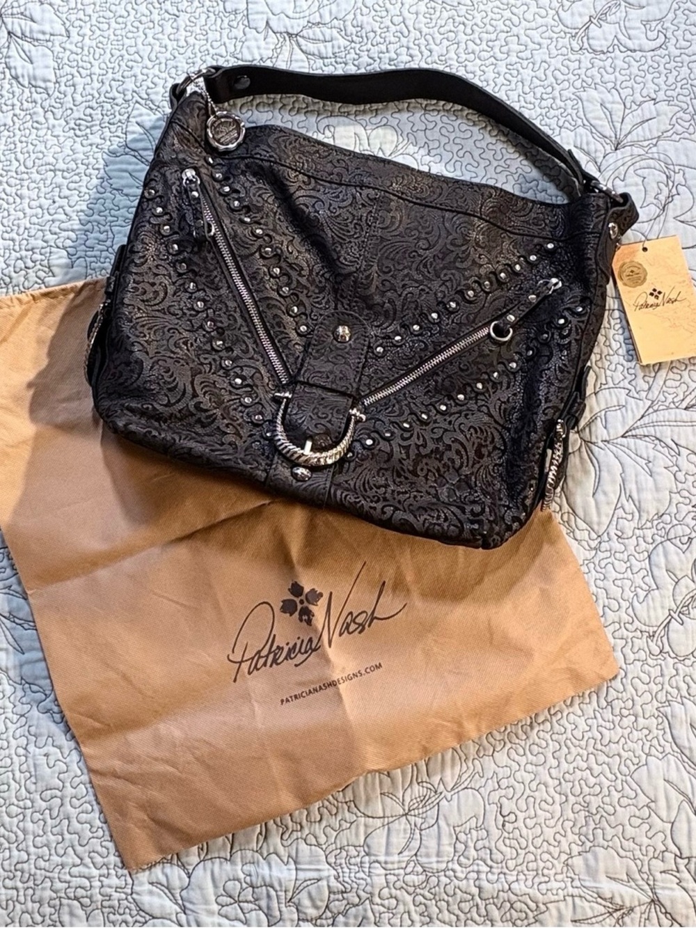 ♨️NWT Patricia Nash Lancaster Tooled Leather Studded Western Buckle Tote Bag❤️